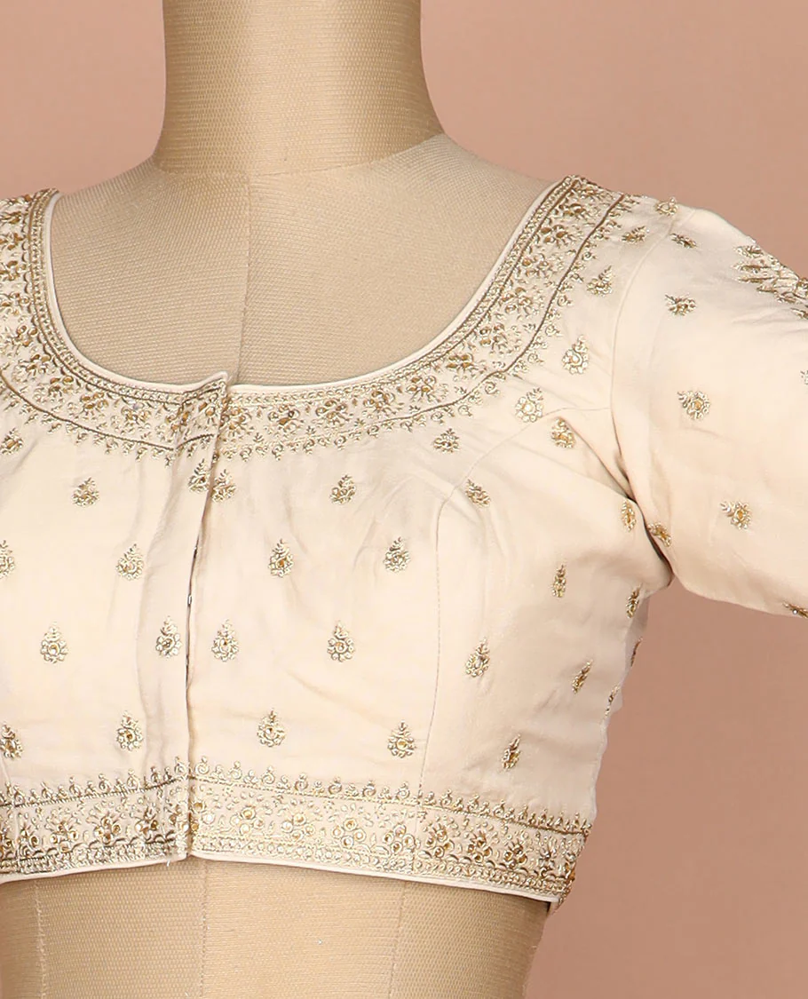 Cream floral thread embroidered round neck elbow sleeve raw silk readymade blouse - Image 2