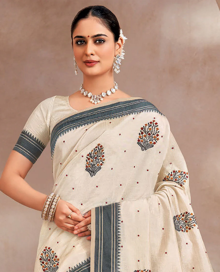 Cream floral vase buttas embroidered designer saree, contrast temple border, and striped pallu - Image 2