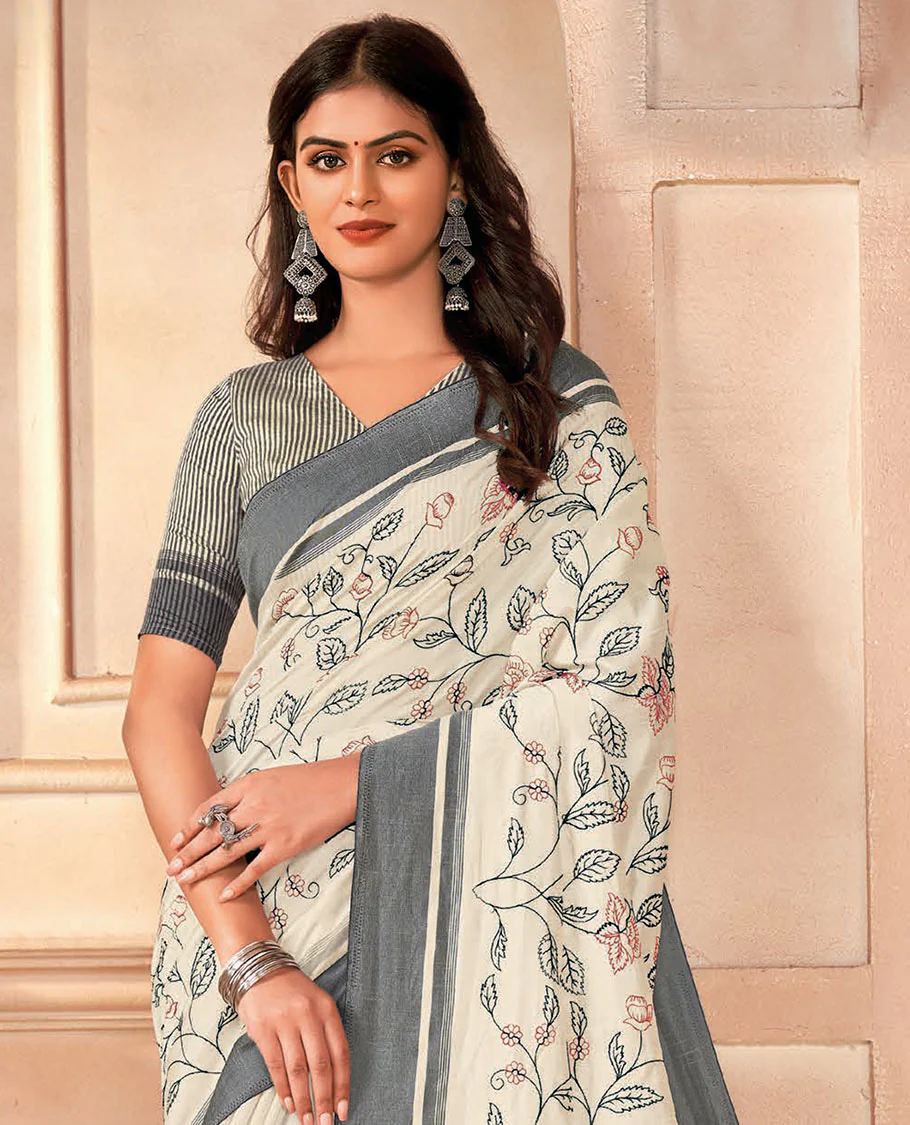 Cream floral vine embroidered designer saree, contrast border, and pallu of stripes - Image 2