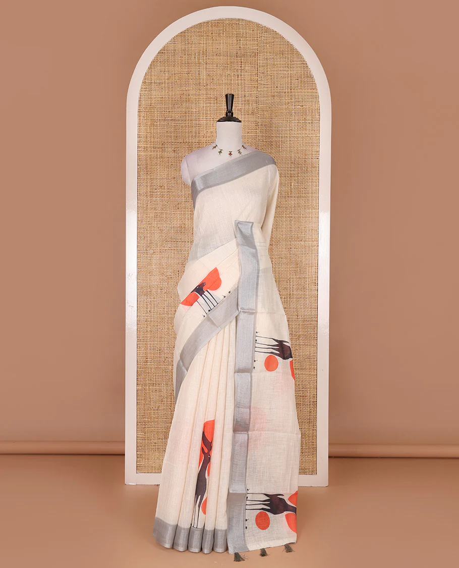 Cream hand painting style crane motifs printed linen cotton saree, silver bavanji border, contrast geometric printed blouse - Image 2