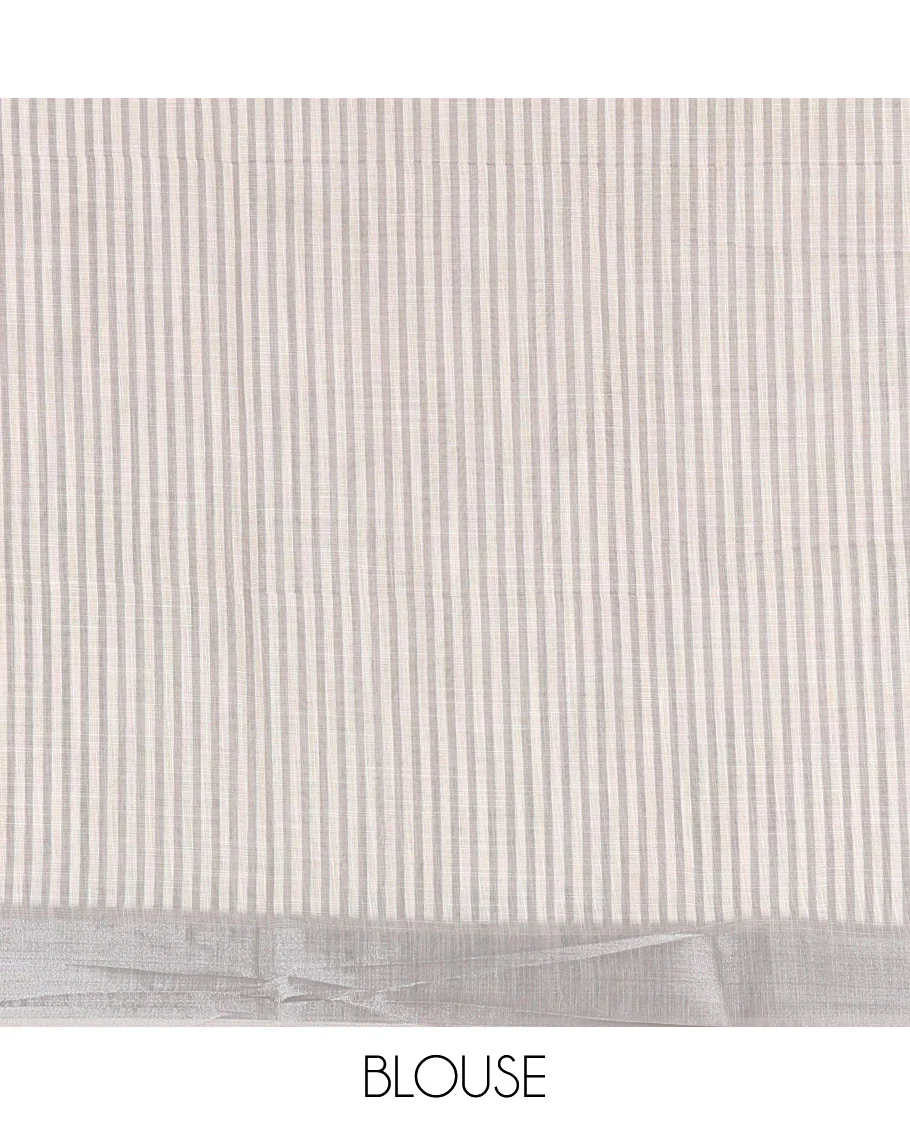 Cream hand painting style crane motifs printed linen cotton saree, silver bavanji border, contrast geometric printed blouse - Image 4
