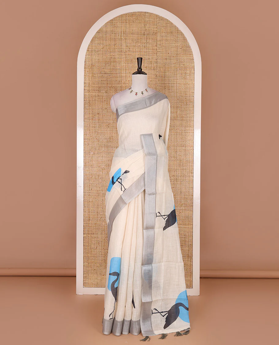 Cream hand painting style deer motifs printed linen cotton saree, silver bavanji border, and vertical stripes printed blouse - Image 2