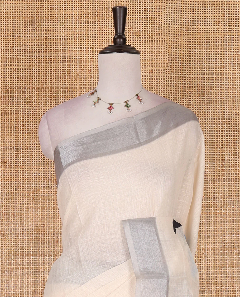 Cream hand painting style deer motifs printed linen cotton saree, silver bavanji border, and vertical stripes printed blouse - Image 3