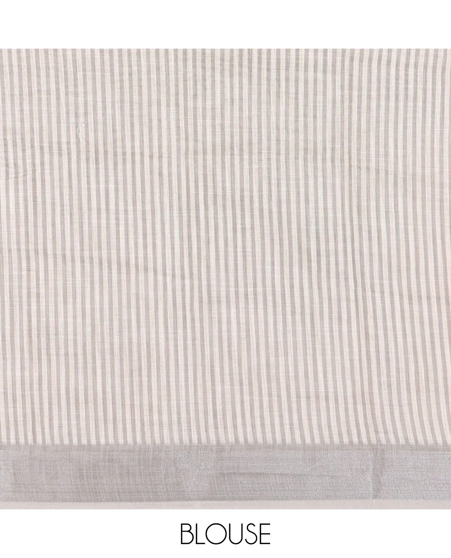 Cream hand painting style deer motifs printed linen cotton saree, silver bavanji border, and vertical stripes printed blouse - Image 4