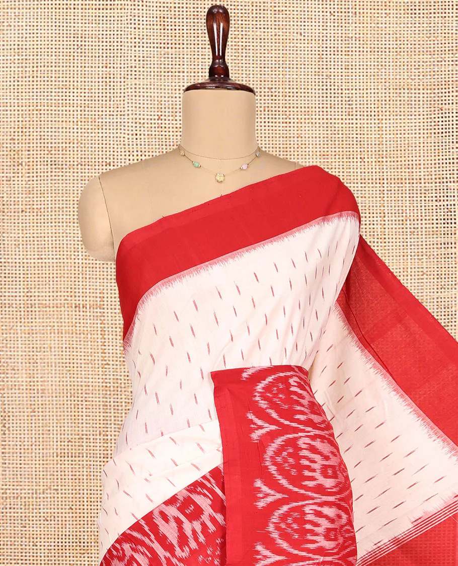 Cream Ikkat Cotton Saree, Features Ikkat Buttas All Over Its Body, Complemented by a Contrast Ikkat-Style Round Elephant Border, Intricately Designed Pallu, and Has No Blouse - Image 2