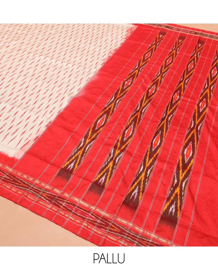 Cream Ikkat Silk Saree with Buttas Across the Body, Highlighted by a Contrast Ikkat-Textured Border, and Pallu Features Stripes and Ikkat Texture - Image 5