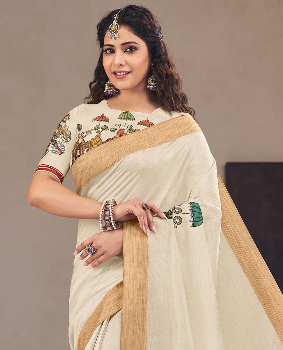 Cream kerala theme printed designer catalog saree, bavanji border, and pallu printed with man with kerala chanda molam, and elephant motifs - Image 2