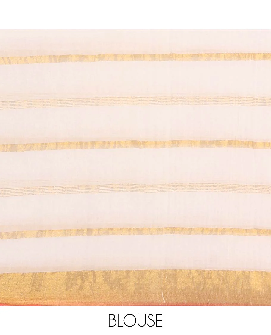 Cream Khadi Mul Cotton Saree, Gleamed up with Zari Stripes All Over Its Body, Subtle Gold Zari Border, Self-Pallu with Tassels, and Paired with a Matching Blouse - Image 3