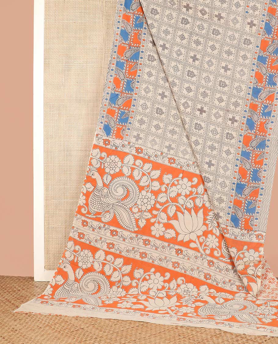 Cream Machine-Printed Kalamkari Cotton Saree Features Kolam Motifs Enclosed Checks on Its Body, Complemented by Contrast Printed Border, Pallu Depicts Floral and Peacock Print, and Paired with a Floral Printed Blouse - Image 2