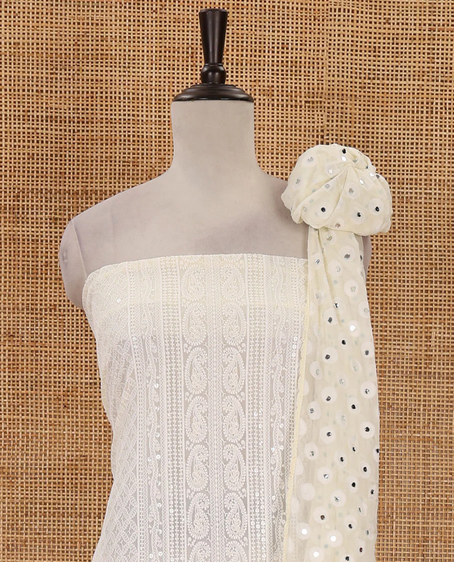 Cream material chudidar set, floral, paisley & geometric schiffli embroidered georgette top & orginal mirror embroidered georgette dupatta - Image 4