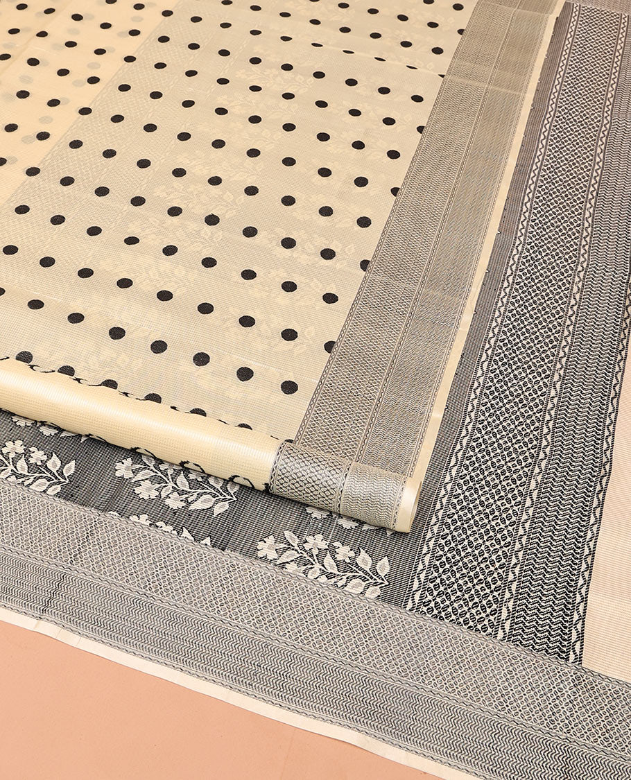 Cream Mayuri Soft Silk Saree, Accentuated with Polka Dot Buttas All Over Its Body, Sparsely Woven Geometric Patterned Border, Pallu Steeped with Floral Designs, and Paired with a Matching Blouse - Image 3