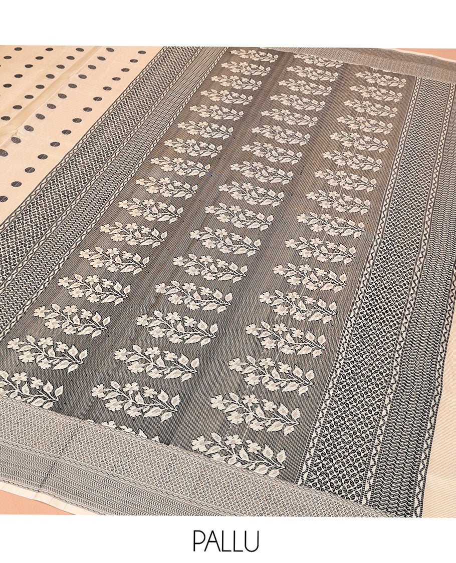 Cream Mayuri Soft Silk Saree, Accentuated with Polka Dot Buttas All Over Its Body, Sparsely Woven Geometric Patterned Border, Pallu Steeped with Floral Designs, and Paired with a Matching Blouse - Image 5