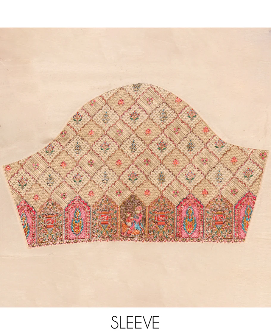 Cream Plain Dola Silk Saree, Complemented by Captivating Contrast Border of Meenakari-style Mughal Human Figurines, Pallu Artfully Pictures Mughal Human Figurines, and Paired with a Matching Blouse - Image 9