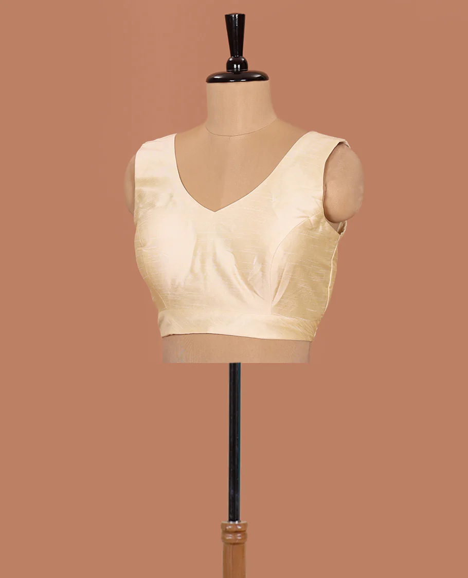 Cream plain front-back V-neck sleeveless readymade blouse