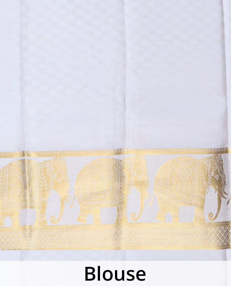 Cream plain Mysore silk saree, traditional zari border of elephant motifs, and pallu steeped with manga designs - Image 5