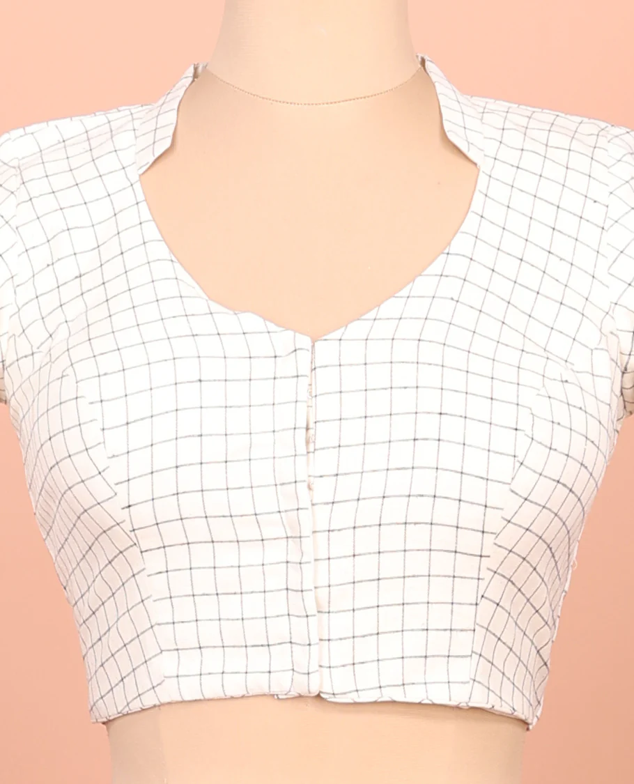 Cream Readymade Blouse, Subtly Sparkled with Checks, Featuring a Front Leaf-Neck, Back Collared-Neck, and Elbow Sleeves - Image 3