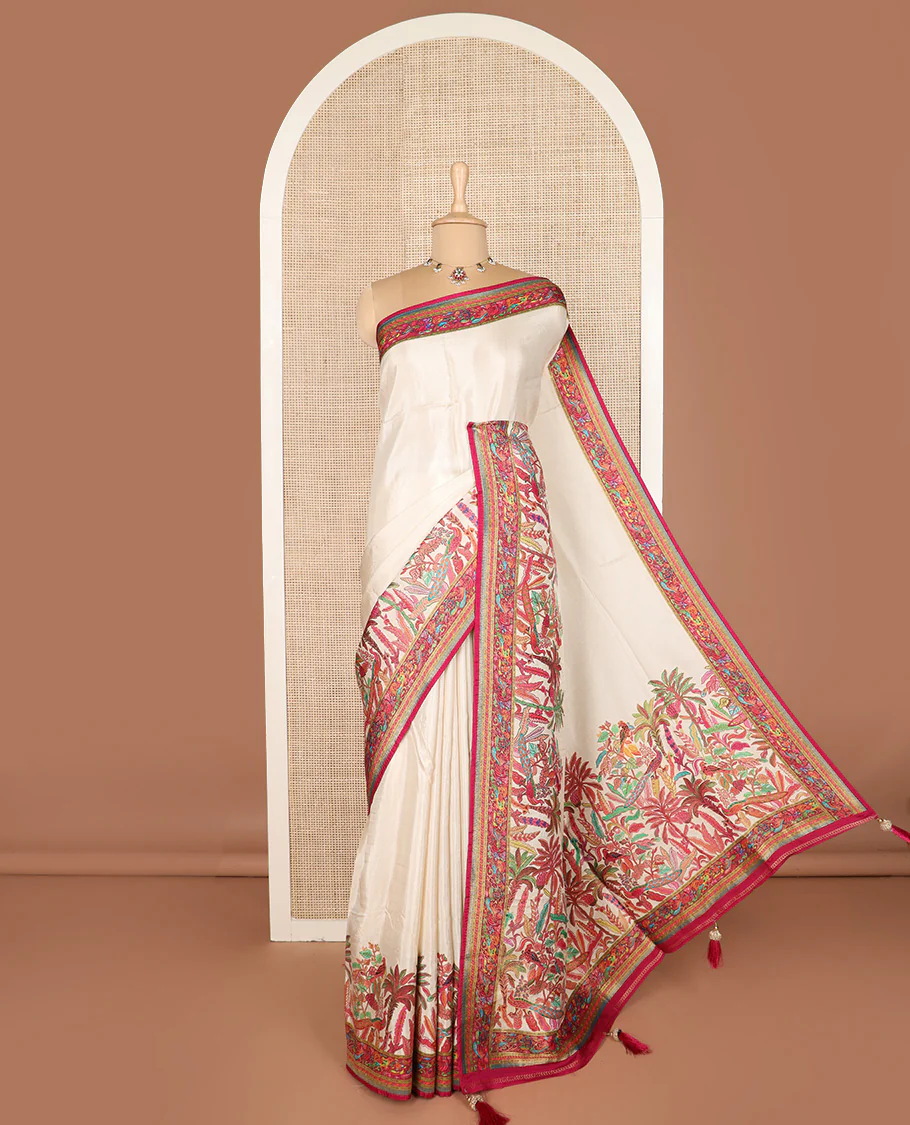 Cream tropical floral and peacock digital printed dola silk saree, contrast tropical floral and peacock border