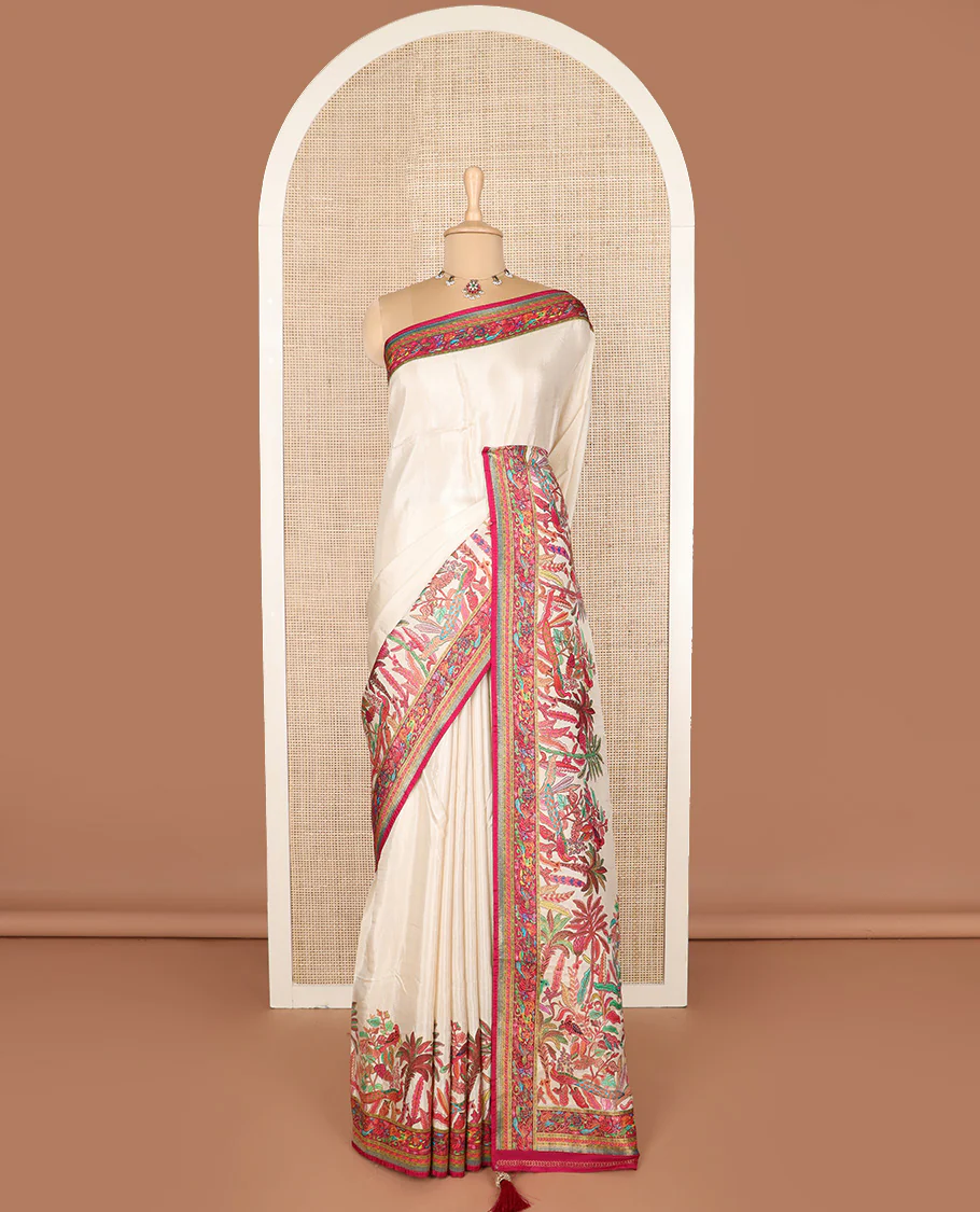 Cream tropical floral and peacock digital printed dola silk saree, contrast tropical floral and peacock border - Image 2