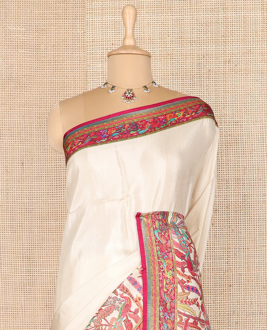 Cream tropical floral and peacock digital printed dola silk saree, contrast tropical floral and peacock border - Image 3