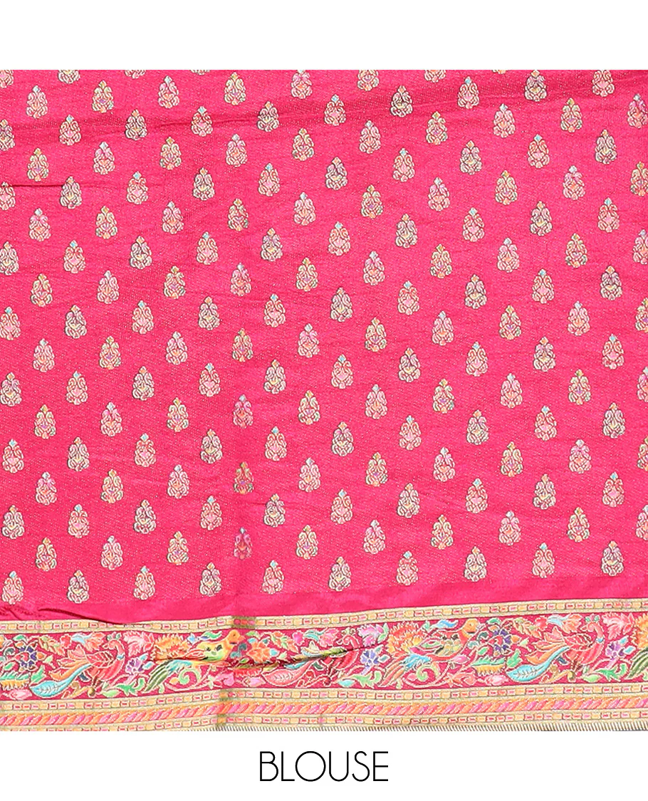 Cream tropical floral and peacock digital printed dola silk saree, contrast tropical floral and peacock border - Image 5