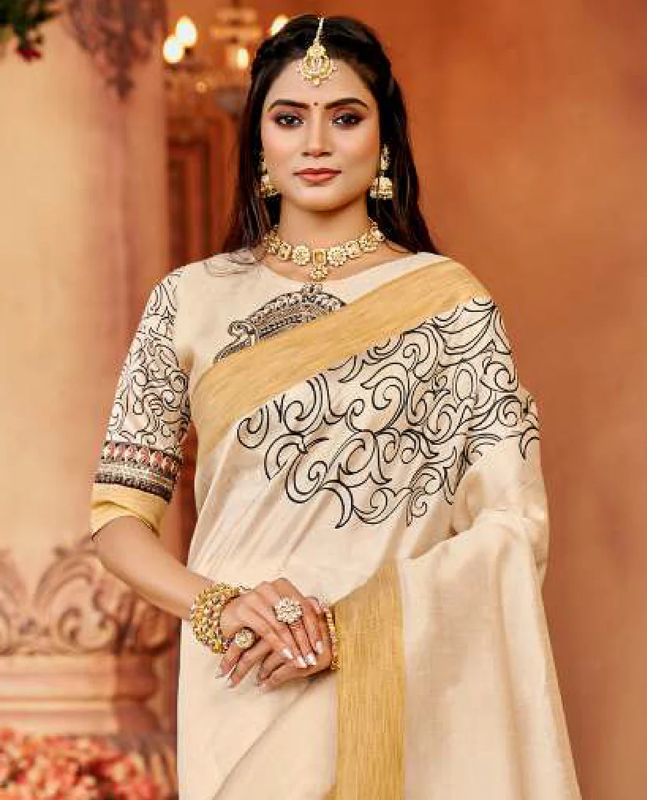 Cream vine designer catalog saree, bavanji border, and pallu  of Durga face motifs - Image 2