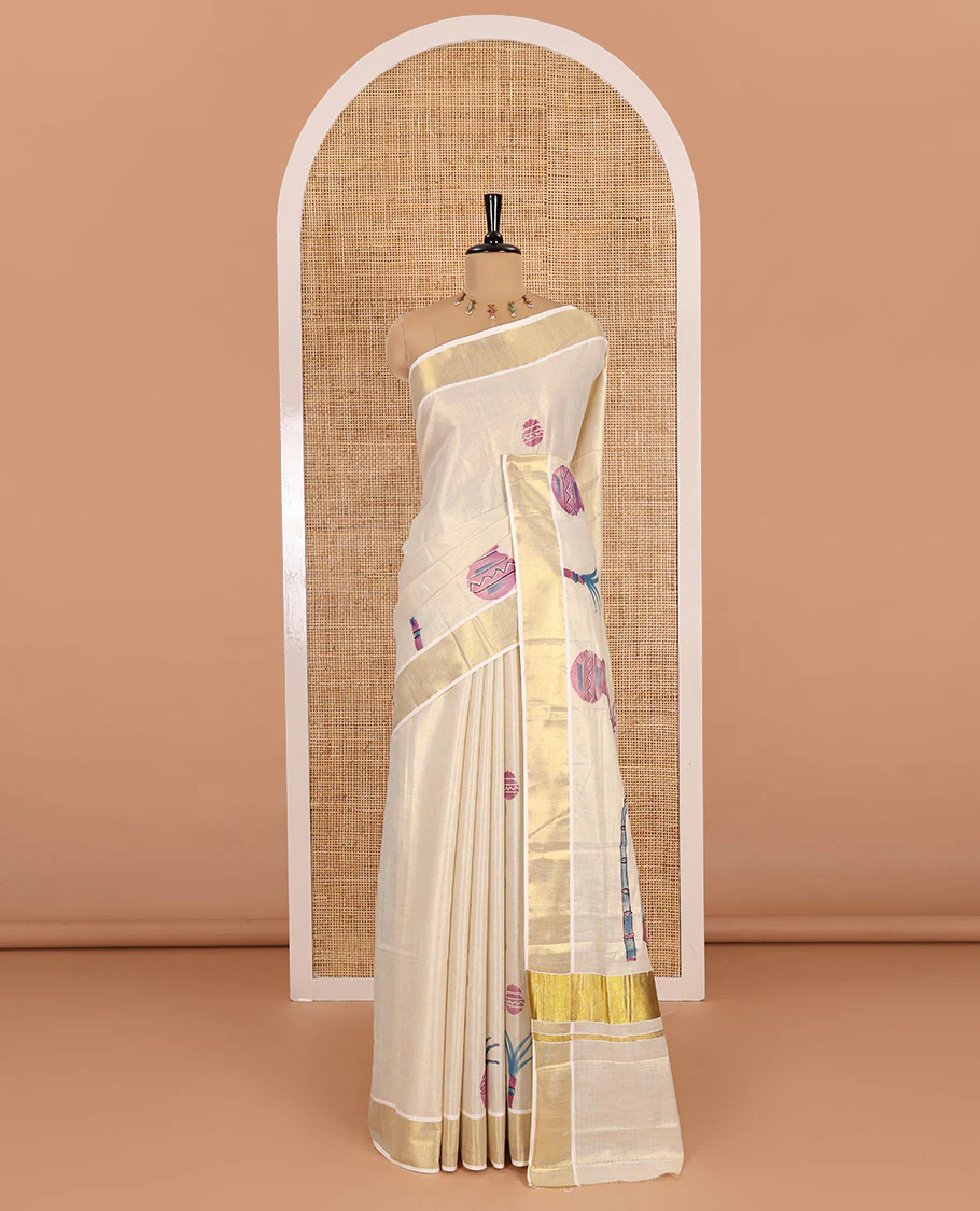 Cream-violet Pongal-festive theme block printed Kerala cotton saree, pongal pot printed body, bavanji border, and Pongal theme block print pallu, and a matching blouse - Image 2