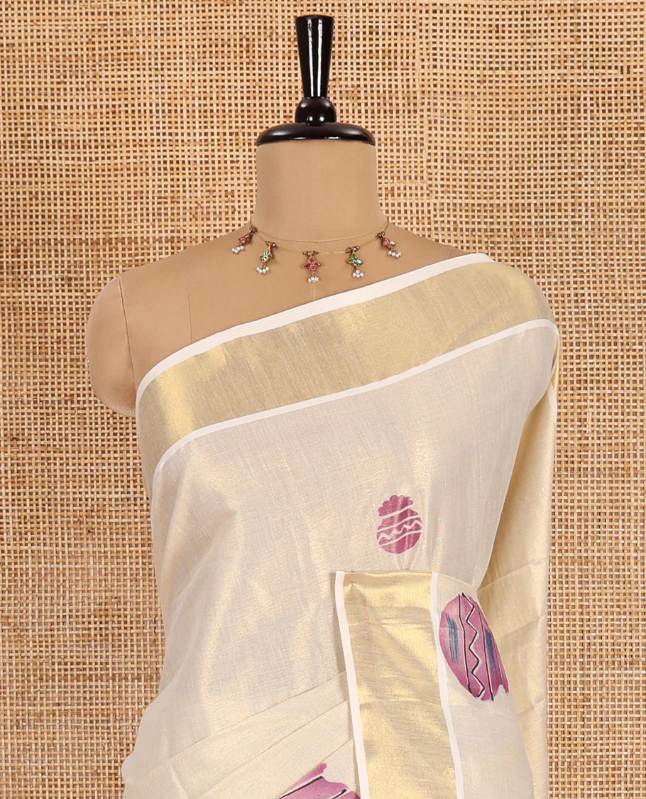Cream-violet Pongal-festive theme block printed Kerala cotton saree, pongal pot printed body, bavanji border, and Pongal theme block print pallu, and a matching blouse - Image 3