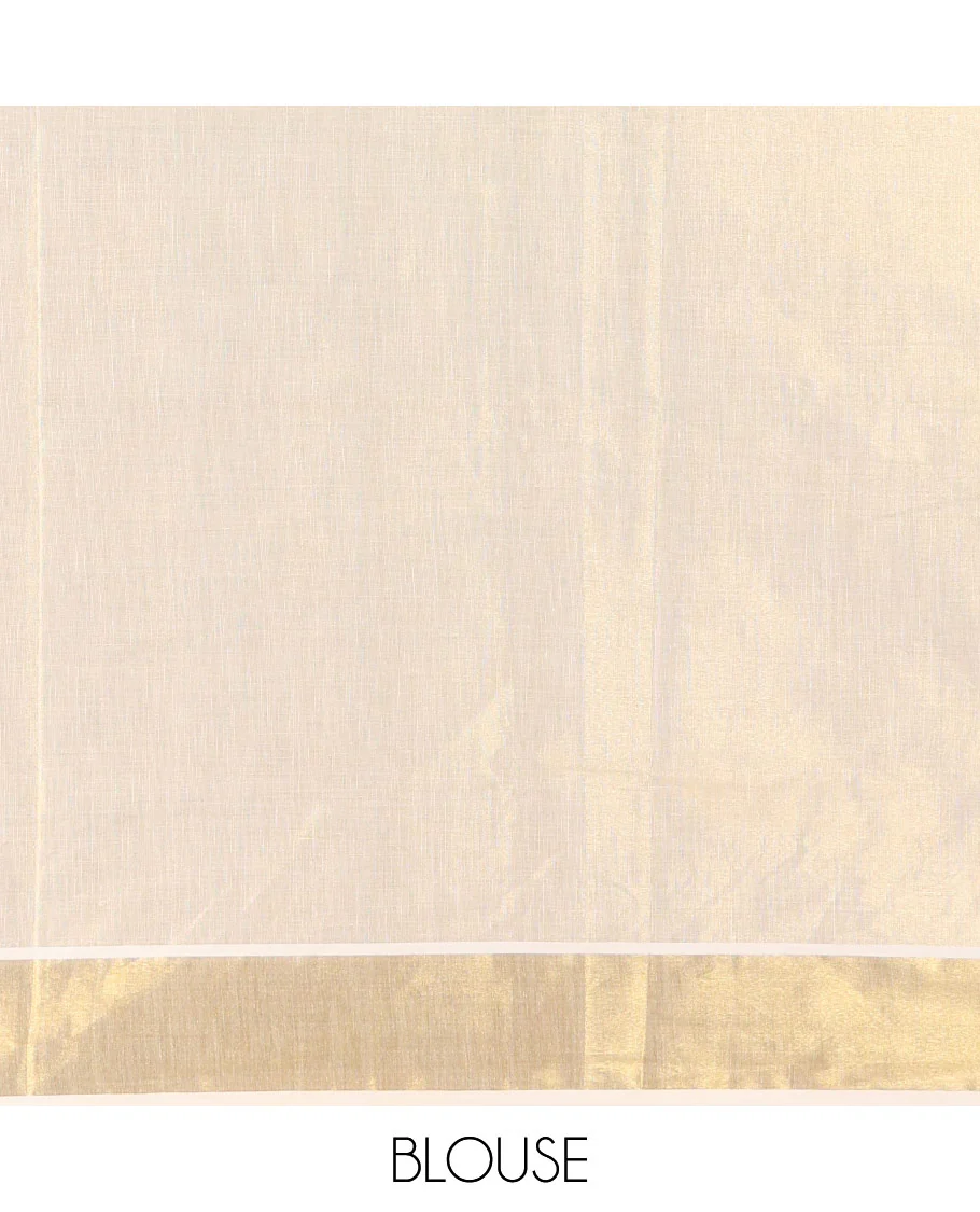 Cream-violet Pongal-festive theme block printed Kerala cotton saree, pongal pot printed body, bavanji border, and Pongal theme block print pallu, and a matching blouse - Image 4