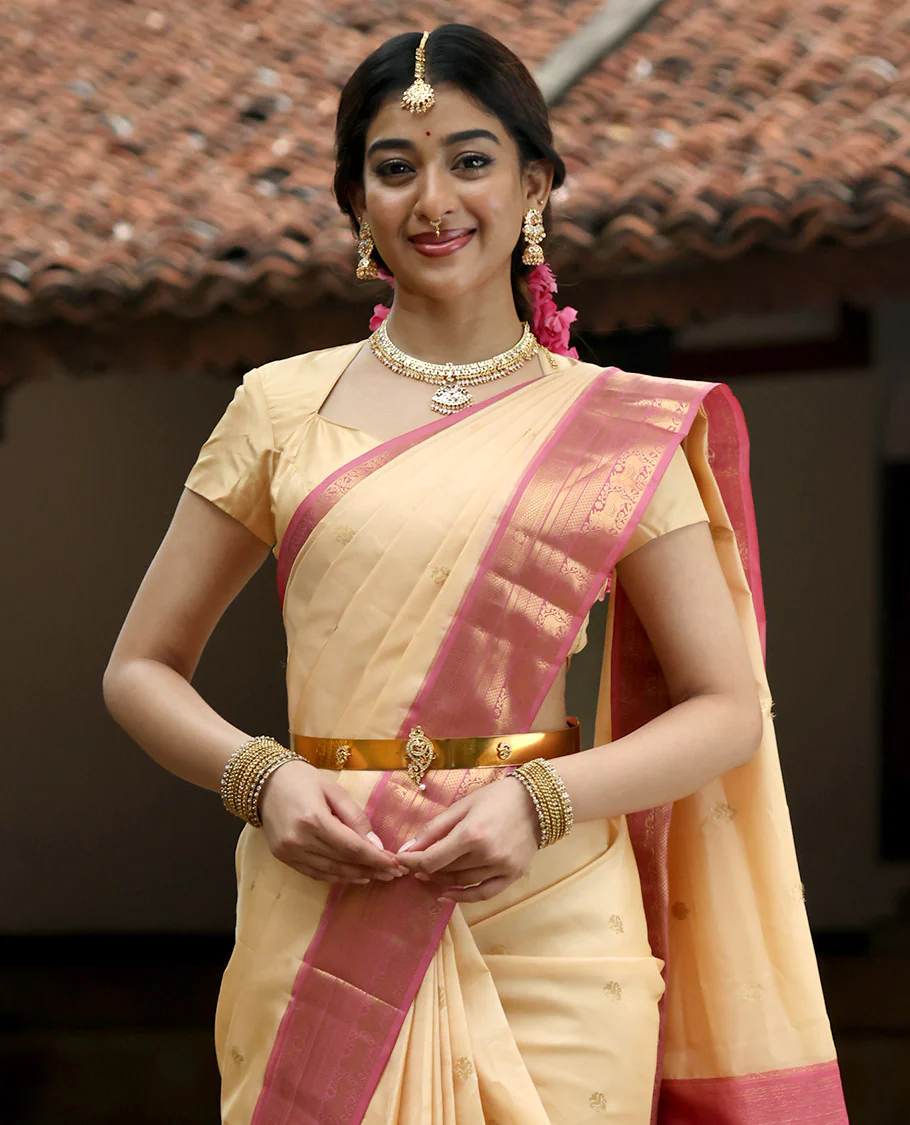 Cream Zari buttas Vasundhara elite silk saree, contrast border of mayil kann designs, intricate pallu, and Contrast plain blouse - Image 3