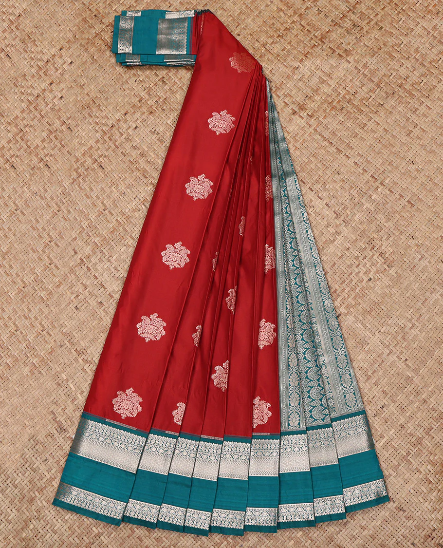 Crimson Red Budget Silk Saree, Richly Detailed with Zari Buttas All Over Its Body, Complemented by a Contrast Traditional Zari Design Rettai Pettu Border, Intricate Pallu, and Paired with a Contrast Blouse - Image 2
