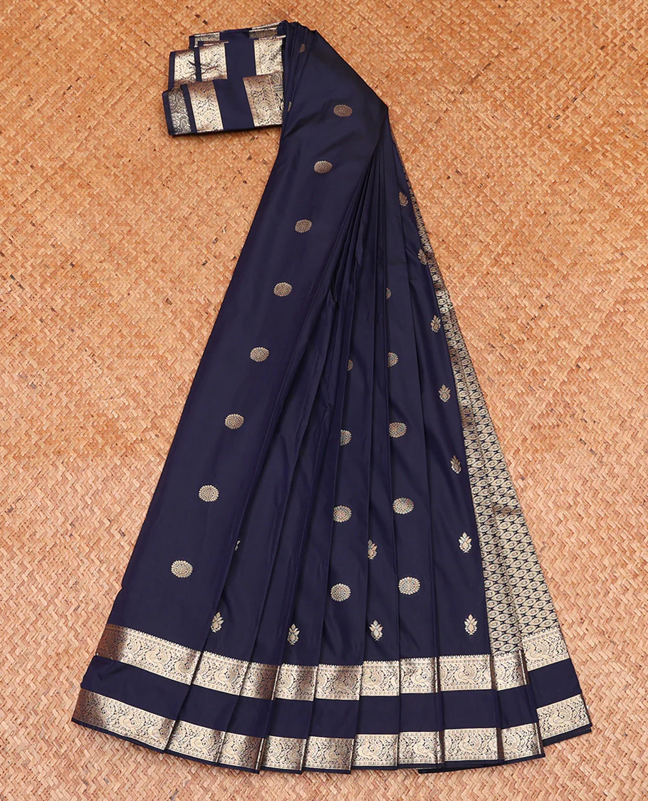 Dark Blue Budget Silk Saree, Adorned with Zari Chakram Buttas On Its Body, Highlighted by Traditional Rettai Pettu Border of Peacock Designs, Grand Jaal Pallu and Paired with a Matching Blouse - Image 2