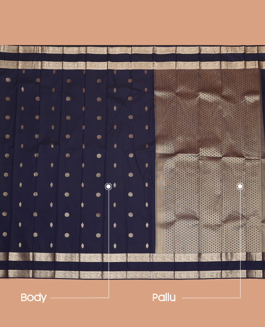 Dark Blue Budget Silk Saree, Adorned with Zari Chakram Buttas On Its Body, Highlighted by Traditional Rettai Pettu Border of Peacock Designs, Grand Jaal Pallu and Paired with a Matching Blouse - Image 3