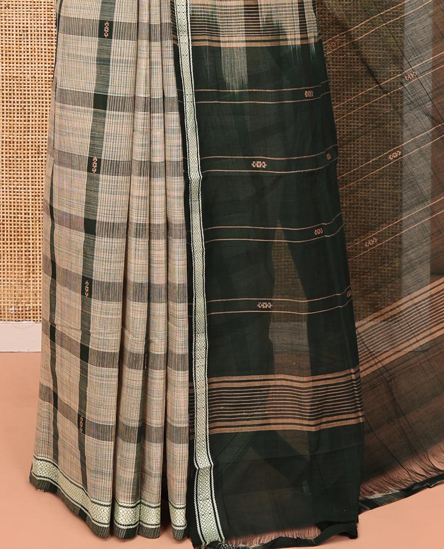 Dark Green Andhra Cotton Saree, Featuring Big Checked Design All Over Its Body, Subtly Sparked with a Traditional Border, Pallu of Stripes, and Paired with a Matching Blouse - Image 3