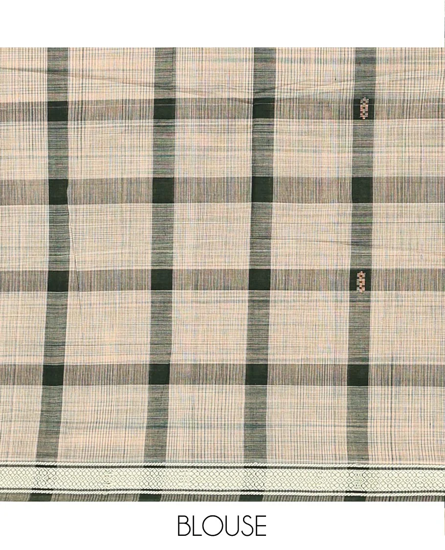 Dark Green Andhra Cotton Saree, Featuring Big Checked Design All Over Its Body, Subtly Sparked with a Traditional Border, Pallu of Stripes, and Paired with a Matching Blouse - Image 4