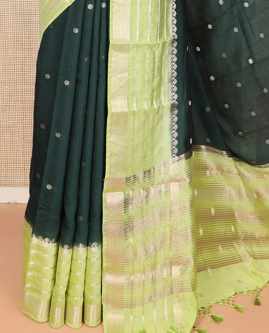 Dark Green Assam Silk Embellished with Floral Zari Buttas, Complemented by Contrast Traditional Zari Design Border, a Gleaming Pallu of Zari Stripes, and Paired with a Contrast Blouse - Image 3