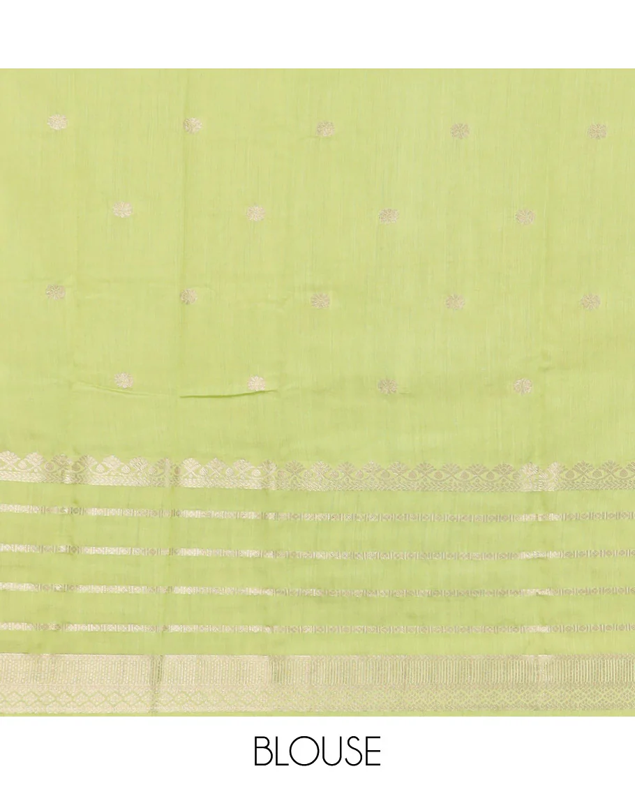 Dark Green Assam Silk Embellished with Floral Zari Buttas, Complemented by Contrast Traditional Zari Design Border, a Gleaming Pallu of Zari Stripes, and Paired with a Contrast Blouse - Image 4