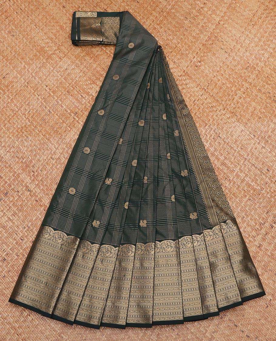 Dark Green Budget Silk Saree, Opulently Embellished with Zari Buttas and Checks On Its Body, Highlighted by Traditional Zari Designs Woven Border, Grand Pallu and Paired with a Matching Blouse - Image 2