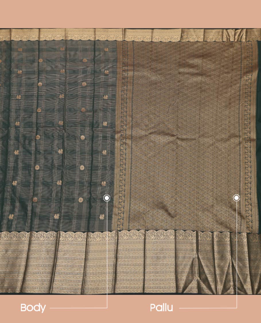 Dark Green Budget Silk Saree, Opulently Embellished with Zari Buttas and Checks On Its Body, Highlighted by Traditional Zari Designs Woven Border, Grand Pallu and Paired with a Matching Blouse - Image 3
