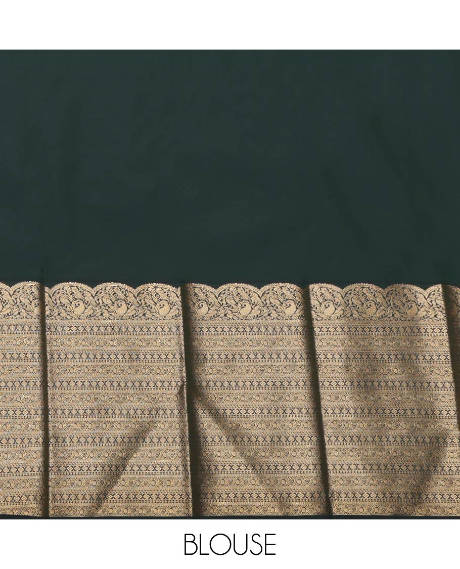 Dark Green Budget Silk Saree, Opulently Embellished with Zari Buttas and Checks On Its Body, Highlighted by Traditional Zari Designs Woven Border, Grand Pallu and Paired with a Matching Blouse - Image 4