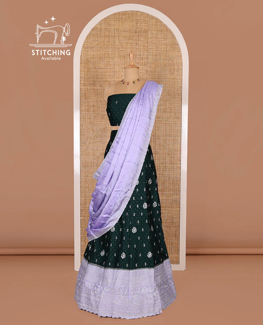Dark Green half-saree, floral motifs embroidered semi raw silk top, matching embroidered blouse, and contrast scallop embroidered georgette dhavani - Image 3