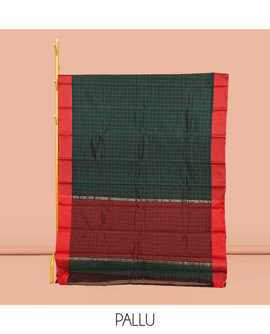 Dark Green Semi-Silk Cotton Saree, Subtly Sparkled with Checks All Over Its Body, Complemented by a Contrast Border, Striped Pallu, and Paired with a Matching Blouse - Image 2