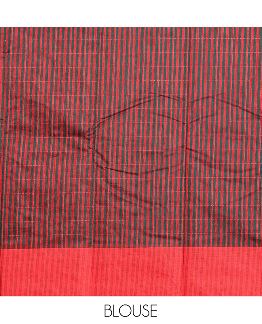 Dark Green Semi-Silk Cotton Saree, Subtly Sparkled with Checks All Over Its Body, Complemented by a Contrast Border, Striped Pallu, and Paired with a Matching Blouse - Image 3