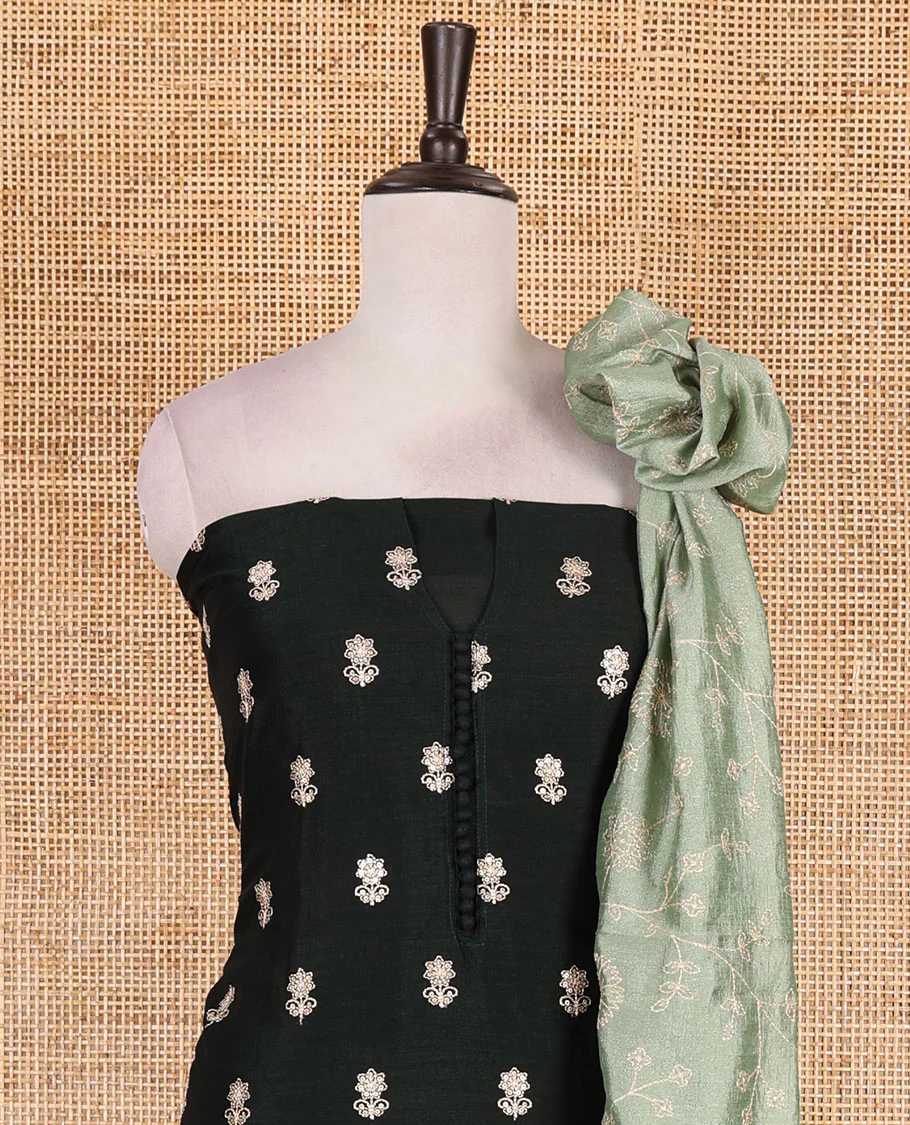 Dark green Vichitra silk material churidar set, floral motifs embroidered top, contrast Santoon bottom, and floral vine thread embroidered scallop dupatta - Image 3