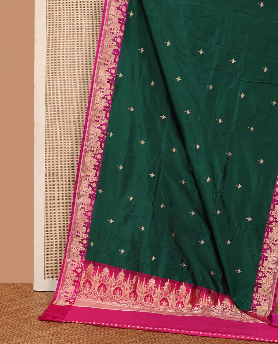 Dark green zari buttas katan silk saree, contrast Mughal style buildings featured border, and pallu mirroring the same border design - Image 2