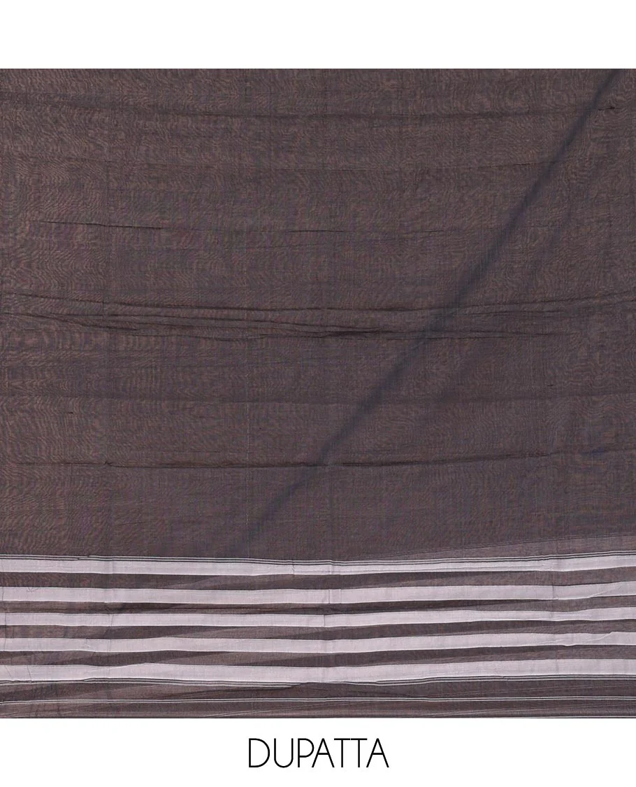 Dark grey material chudidar set,traditional zari border mercerized cotton top, matching mercerized cotton bottom & traditional border dupatta - Image 2