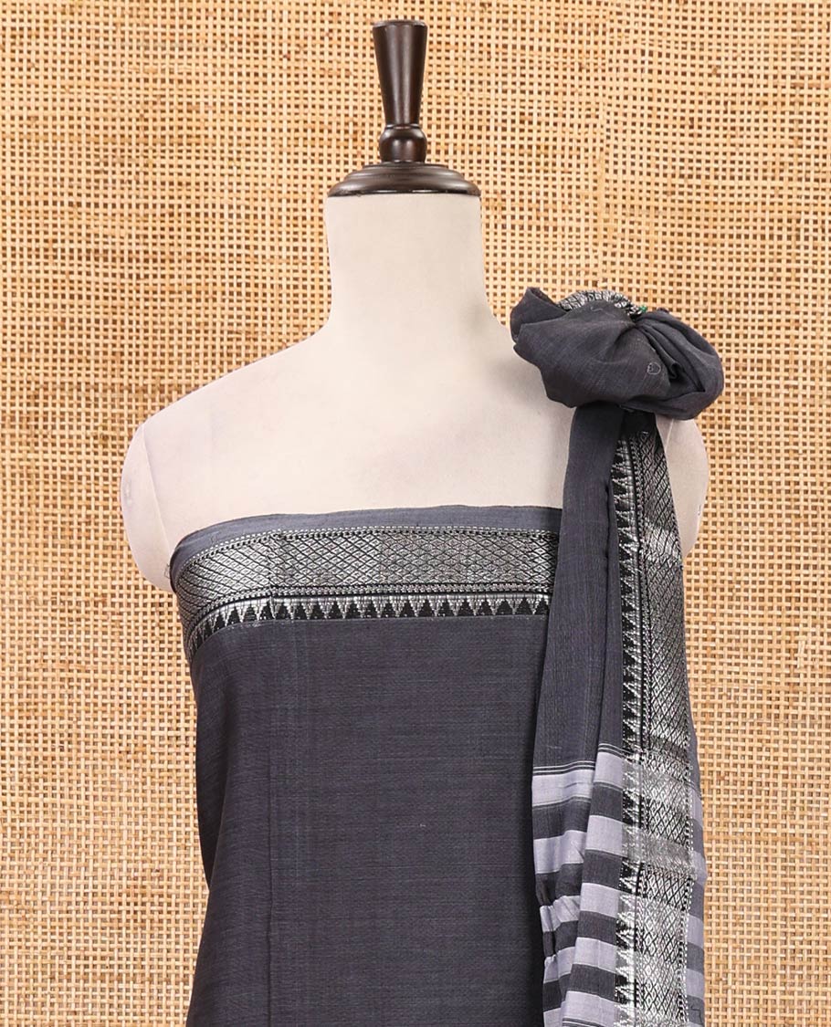 Dark grey material chudidar set,traditional zari border mercerized cotton top, matching mercerized cotton bottom & traditional border dupatta - Image 4