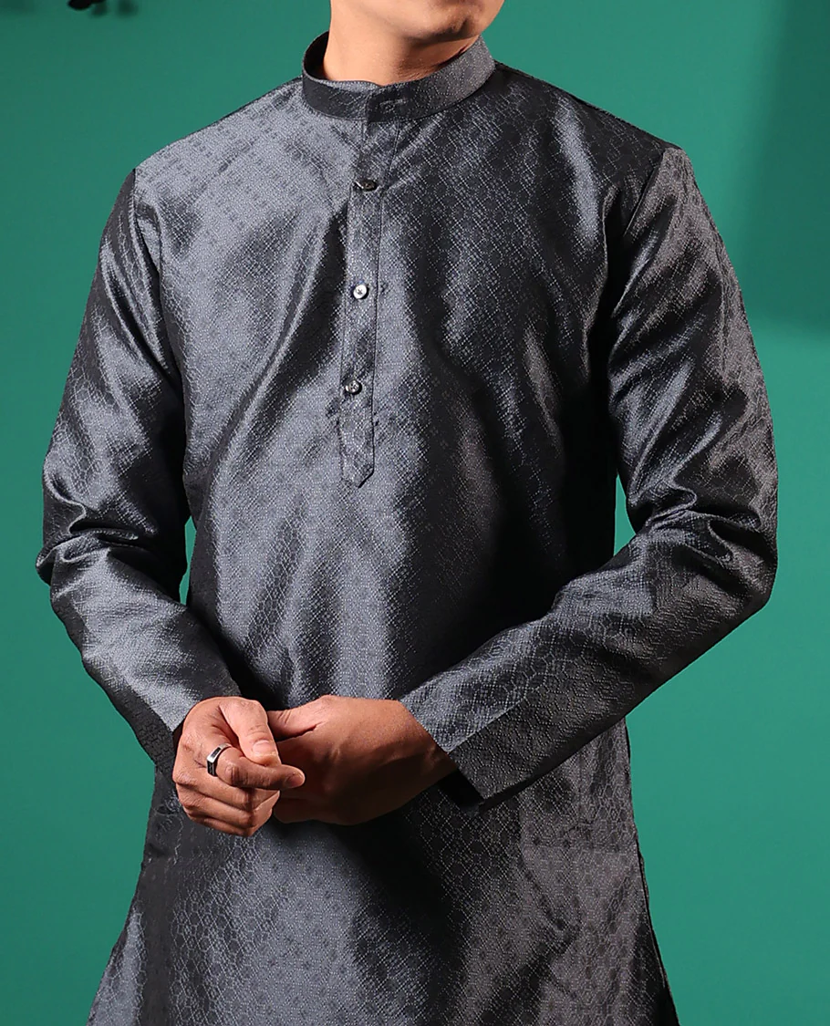 Dark grey texture embossed full-sleeved men's kurta - Image 4
