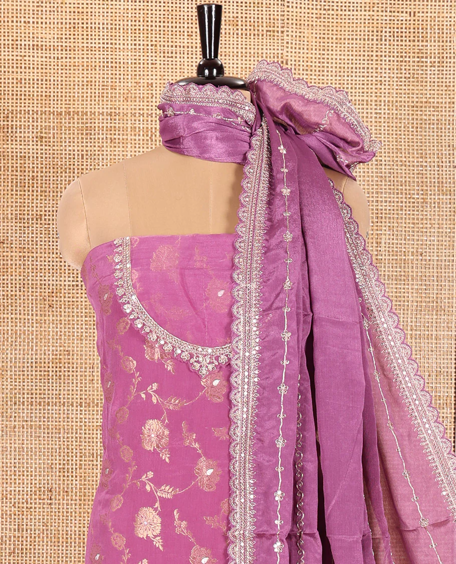Dark Lavender Chudidar Set Artfully Detailed with Floral Jaal Jacquard Design and Embroidered Viscose Chinon Unstitched Top, Readymade Free Size Chinon Sharara Pants, and a Chinon Embroidered Scallop-Bordered Dupatta - Image 3