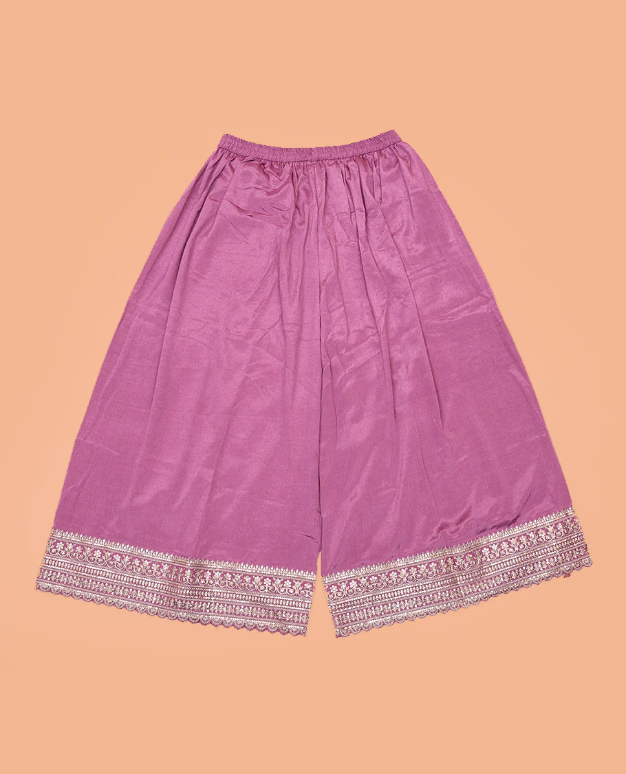 Dark Lavender Chudidar Set Artfully Detailed with Floral Jaal Jacquard Design and Embroidered Viscose Chinon Unstitched Top, Readymade Free Size Chinon Sharara Pants, and a Chinon Embroidered Scallop-Bordered Dupatta - Image 5