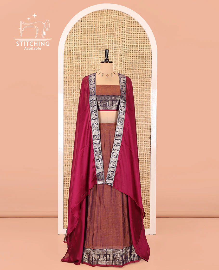 Dark Onion Pink-Rani Pink Mercerised Cotton Half-Saree Features Plain with Contrast Traditional Zari Bordered Skirt, Paired with a Matching Blouse, and Comes with a Contrast Bordered Dhavani - Image 2